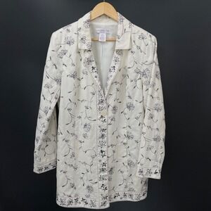 Susan Graver Blazer Large White Linen Cotton Floral Embroidered Cottage Chic‎